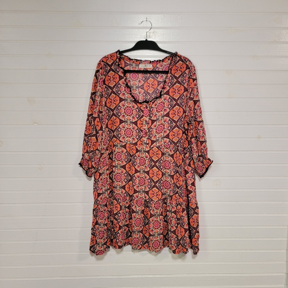 Natural Life Womens XL Boho Medallion Print Rayon Tiered Tunic Dress Orange Pink